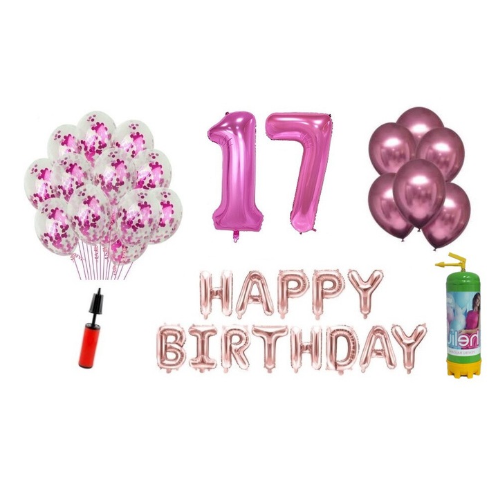 Комплект 37 балона DOMI PARTY & GIFTS, Happy Birthday 17 години юбилей, фолио цифри 100 см, розови + бутилка с хелий