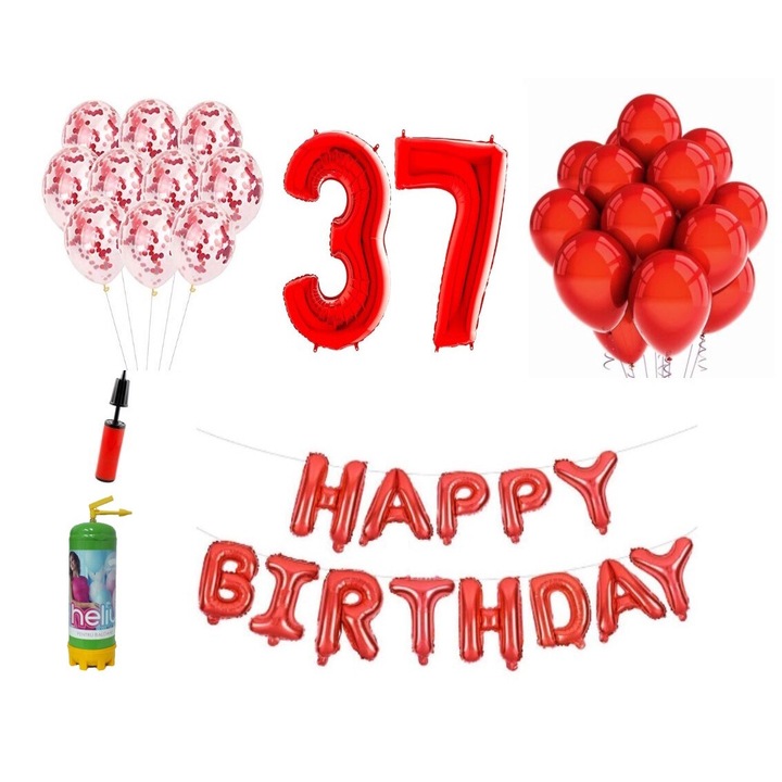 Set 37 baloane DOMI PARTY & GIFTS, Happy Birthday aniversare 37 ani, cifre folie 100 cm, rosu + Butelie de heliu