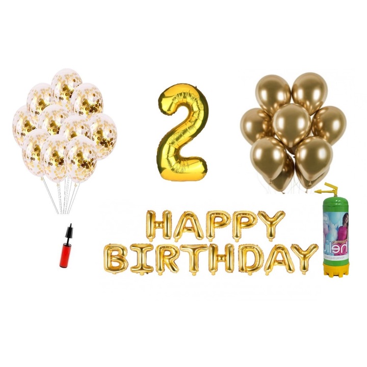 DOMI PARTY & GIFTS lufi szett, 36 elemes, Boldog születésnapot 2 éves évfordulóra, fóliaszám 101 cm, arany + Hélium palack