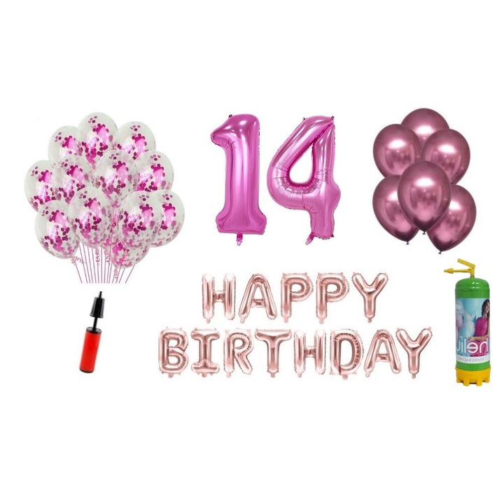 DOMI PARTY & GIFTS lufi szett, 37 elemes, Boldog születésnapot 14 éves évfordulóra, fóliaszámok 101 cm, rózsaszín + Hélium palack