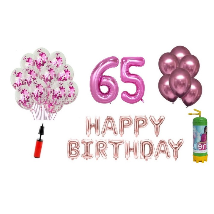 Комплект балони DOMI PARTY & GIFTS, 37 елемента, Happy Birthday 65 години юбилей, фолио цифри 101 см, розов + бутилка с хелий