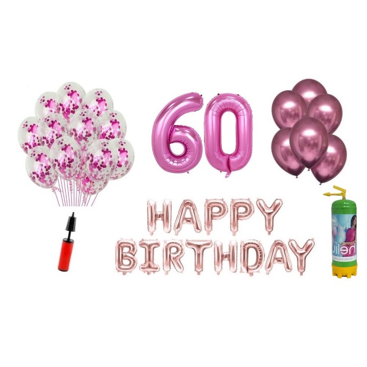 Комплект 37 бр. балони DOMI PARTY & GIFTS, Happy Birthday 60th юбилей, фолио цифри 100 см, розови + бутилка с хелий