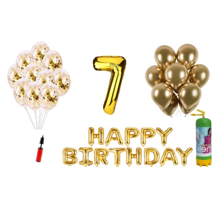 DOMI PARTY & GIFTS lufi szett, 36 elemes, Boldog születésnapot 7 éves évfordulóra, fóliafigura 101 cm, arany + Hélium palack