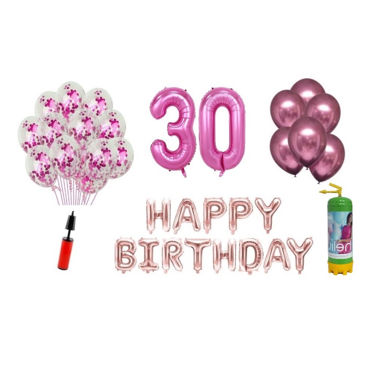 37 db DOMI PARTY & GIFTS lufi készlet, Boldog születésnapot 30 éves évfordulóra, fóliaszámok 100 cm, rózsaszín + hélium palack