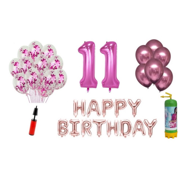 Set 37 baloane DOMI PARTY & GIFTS, Happy Birthday aniversare 11 ani, cifre folie 100 cm, roz + Butelie de heliu