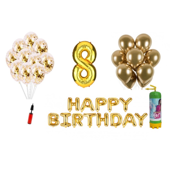 36 db-os DOMI PARTY & GIFTS lufi készlet, Boldog születésnapot, 8 éves születésnapra, fólia szám 100 cm, arany + hélium palack