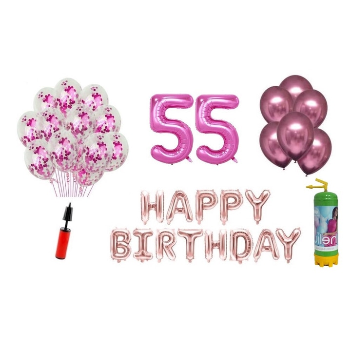 DOMI PARTY & GIFTS lufi készlet, 37 elemes, Boldog születésnapot 55 éves évfordulóra, fóliaszámok 101 cm, rózsaszín + Hélium palack