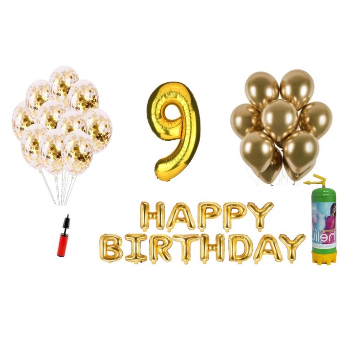 DOMI PARTY & GIFTS lufi szett, 36 elemes, Boldog születésnapot 9 éves évfordulóra, fóliaszám 101 cm, arany + Hélium palack