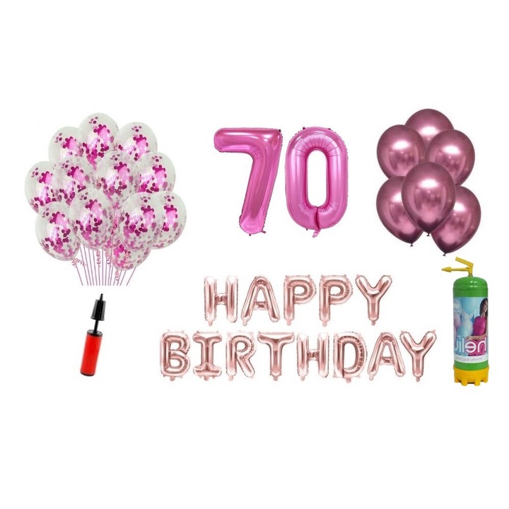 37 db DOMI PARTY & GIFTS lufi készlet, Boldog születésnapot 70 éves évfordulóra, fóliaszámok 100 cm, rózsaszín + hélium palack