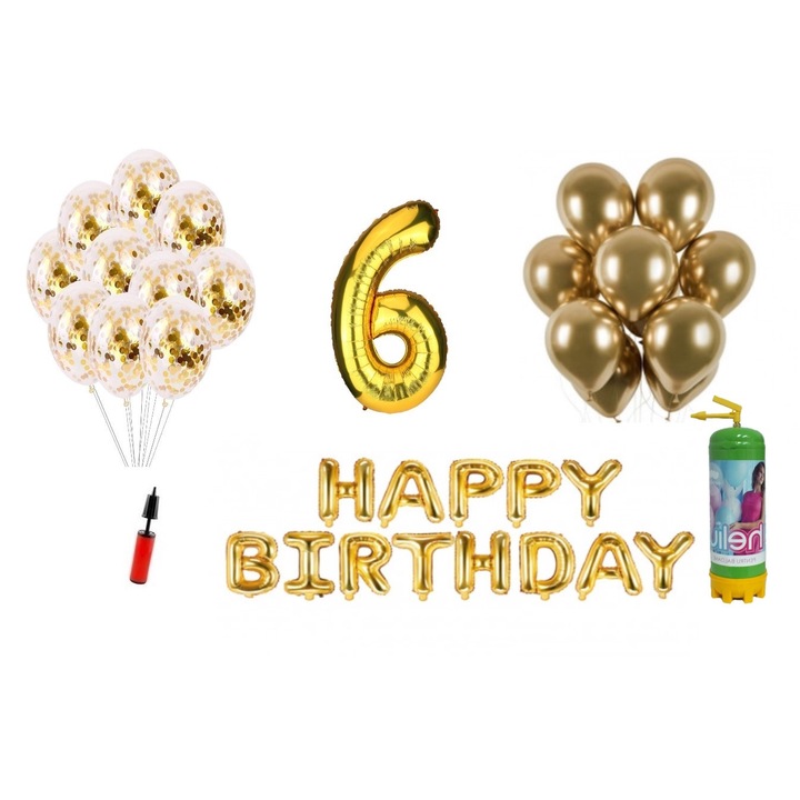 DOMI PARTY & GIFTS lufi szett, 36 elemes, Boldog születésnapot 6 éves évfordulóra, fóliafigura 101 cm, arany + Hélium palack
