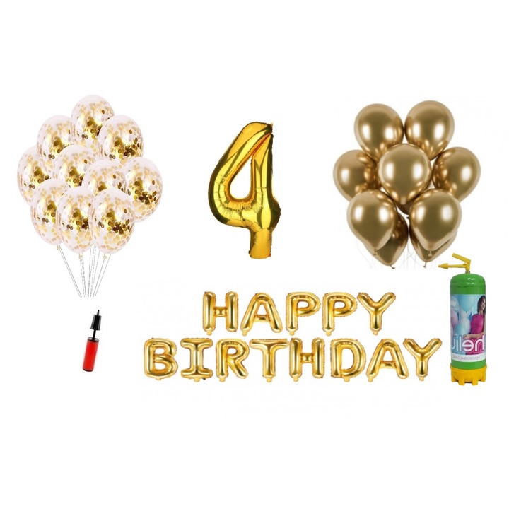 DOMI PARTY & GIFTS lufi szett, 36 elemes, Boldog születésnapot 4 éves évfordulóra, fóliaszám 101 cm, arany + Hélium palack