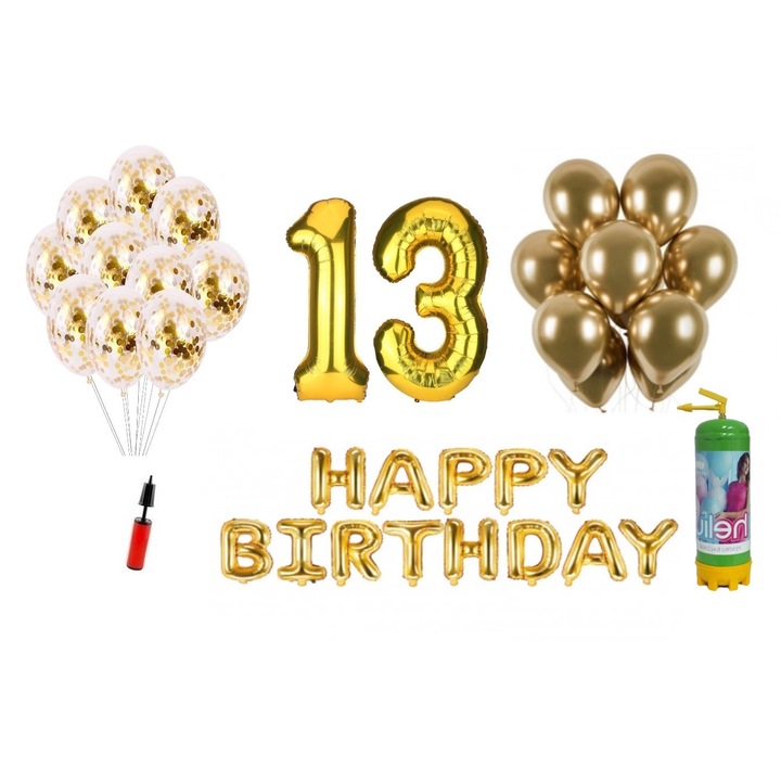 DOMI PARTY & GIFTS lufi szett, 37 elemes, Boldog születésnapot 13 éves évfordulóra, fóliaszámok 101 cm, arany + Hélium palack