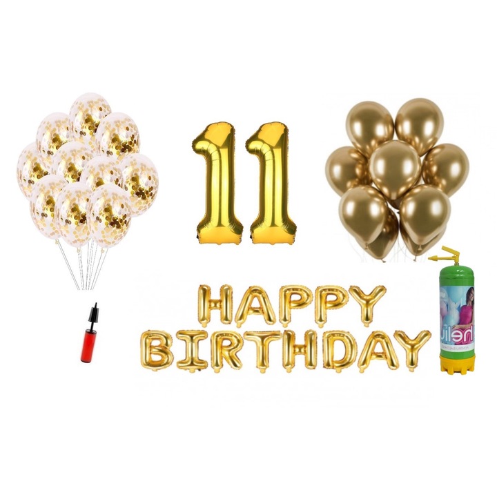 DOMI PARTY & GIFTS lufi készlet, 37 elemes, Boldog születésnapot 11 éves évfordulóra, fóliaszámok 101 cm, arany + Hélium palack