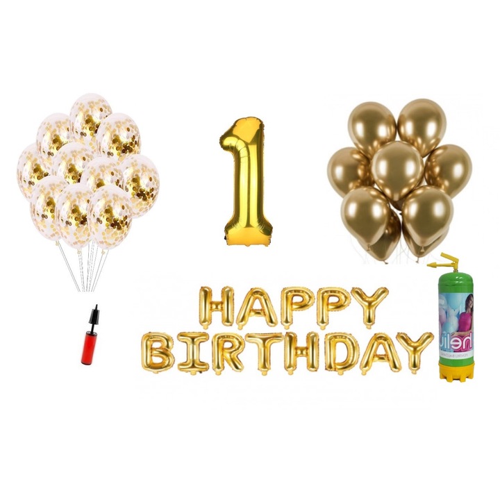 DOMI PARTY & GIFTS lufi szett, 36 elemes, Boldog születésnapot 1 éves évfordulóra, fóliaszám 101 cm, arany + Hélium palack