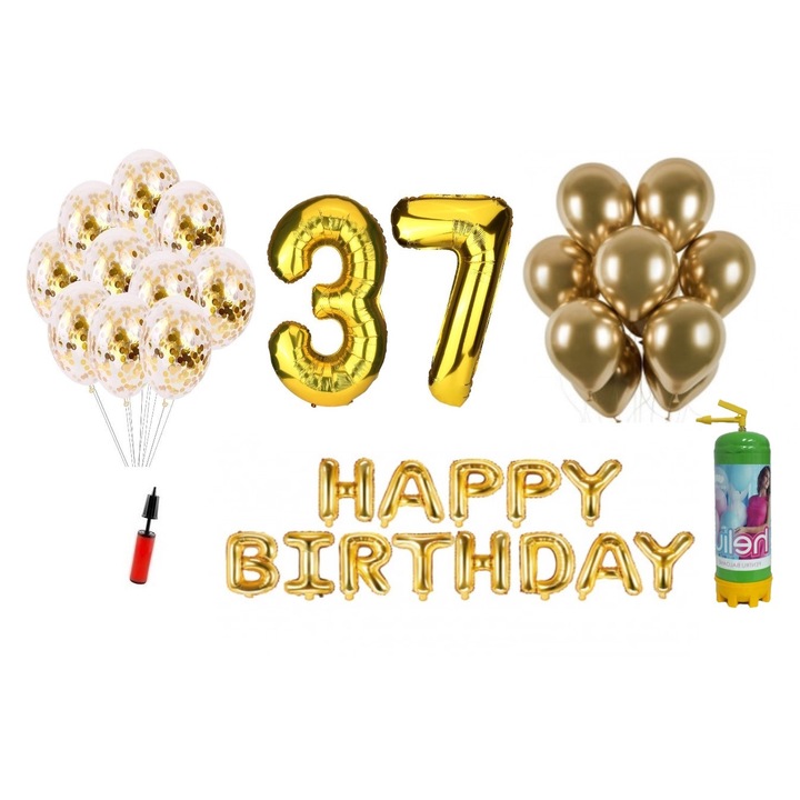 DOMI PARTY & GIFTS lufi készlet, 37 elemes, Boldog születésnapot 37 éves évfordulóra, fóliaszámok 101 cm, arany + Hélium palack