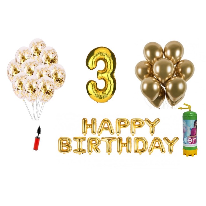 DOMI PARTY & GIFTS lufi szett, 36 elemes, Boldog születésnapot 3 éves évfordulóra, fóliaszám 101 cm, arany + Hélium palack