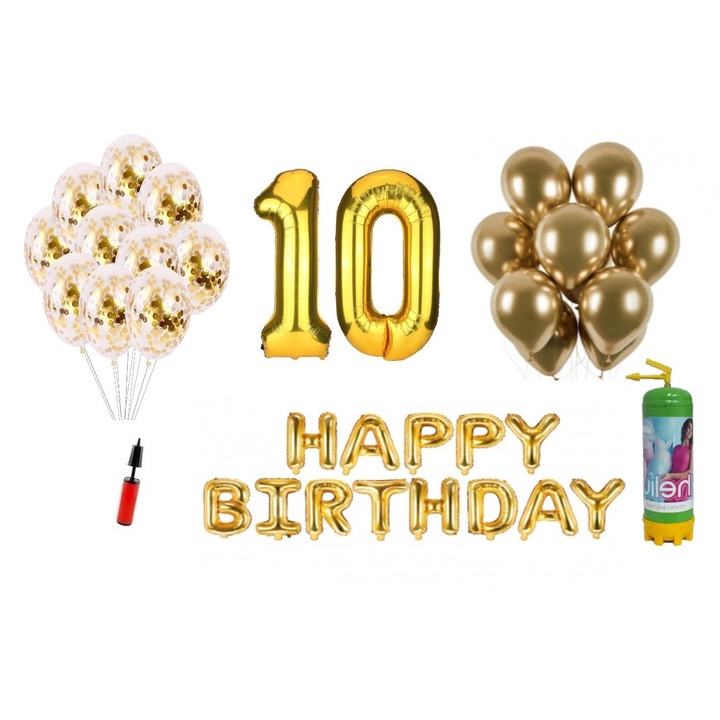 DOMI PARTY & GIFTS lufi készlet, 37 elemes, Boldog születésnapot 10 éves évfordulóra, fóliaszámok 101 cm, arany + Hélium palack