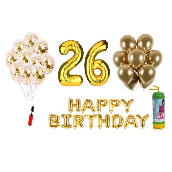 37 db DOMI PARTY & GIFTS lufi készlet, Boldog születésnapot 26 éves évfordulóra, fóliaszámok 100 cm, arany + hélium palack