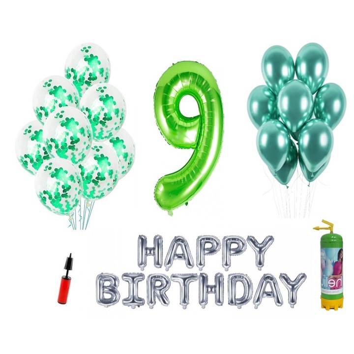 DOMI PARTY & GIFTS lufi szett, 36 elemes, Boldog születésnapot 9 éves évfordulóra, fóliaszám 101 cm, zöld + Hélium palack