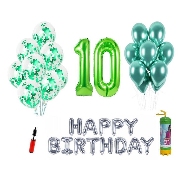 Комплект балони DOMI PARTY & GIFTS, 37 елемента, Happy Birthday 10 години юбилей, фолио цифри 101 см, зелен + бутилка с хелий