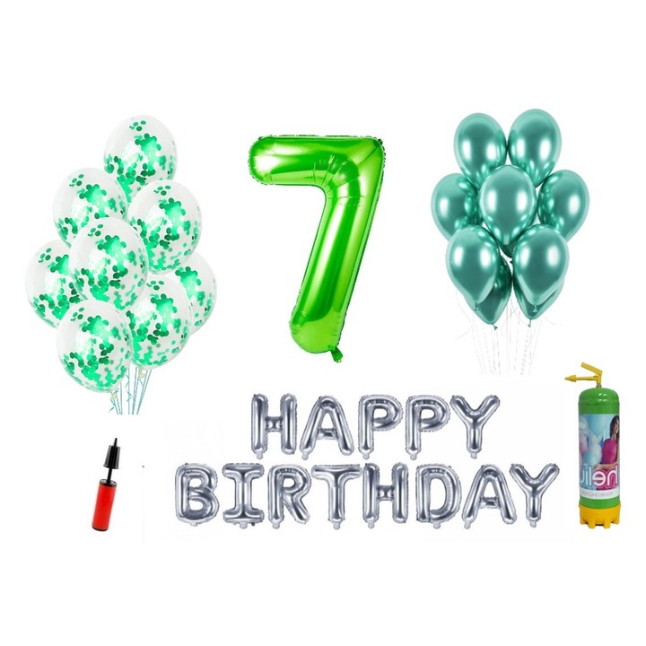 DOMI PARTY & GIFTS lufi szett, 36 elemes, Boldog születésnapot 7 éves évfordulóra, fóliaszám 101 cm, zöld + Hélium palack