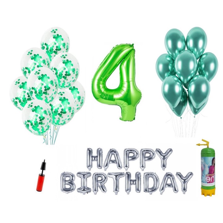 DOMI PARTY & GIFTS lufi szett, 36 elemes, Boldog születésnapot 4 éves évfordulóra, fóliaszám 101 cm, zöld + Hélium palack