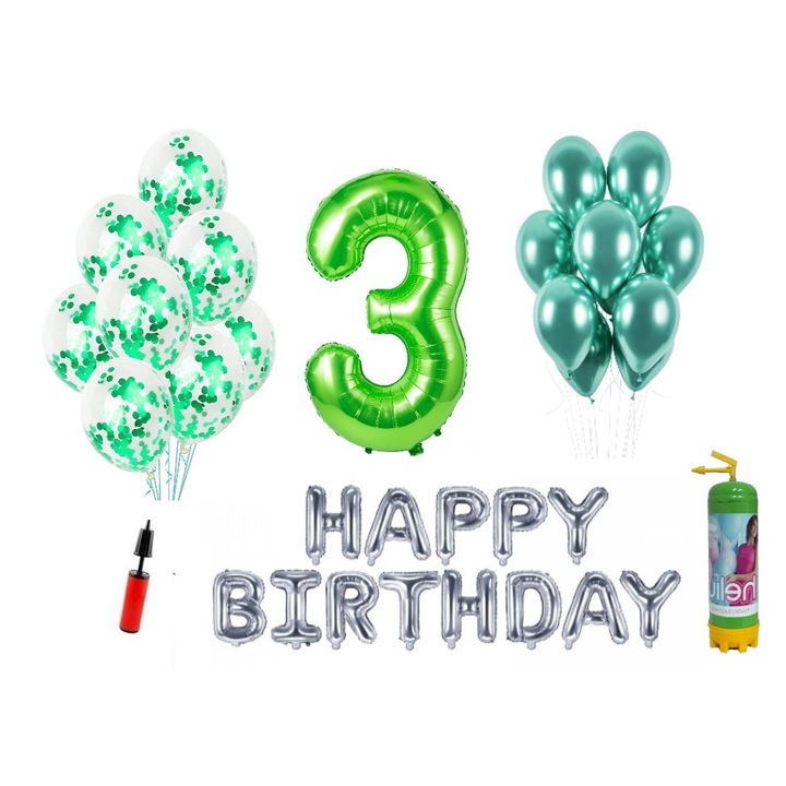 DOMI PARTY & GIFTS lufi szett, 36 elemes, Boldog születésnapot 3 éves évfordulóra, fóliaszám 101 cm, zöld + Hélium palack
