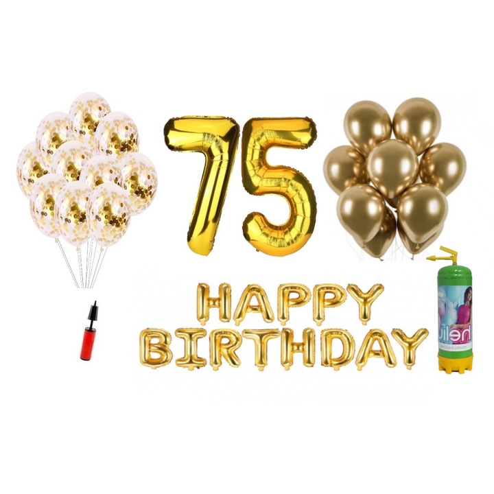 DOMI PARTY & GIFTS lufi készlet, 37 elemes, Boldog születésnapot 75 éves évfordulóra, fóliaszámok 101 cm, arany + Hélium palack