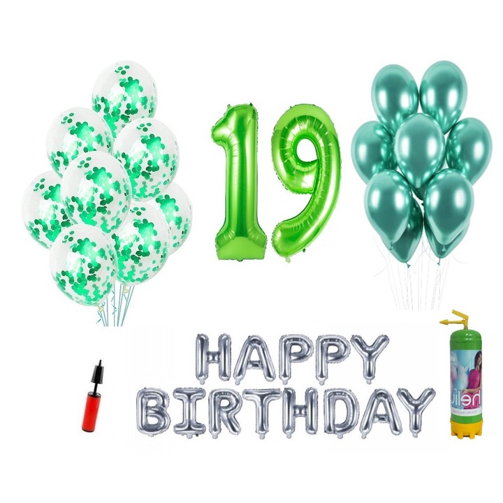 DOMI PARTY & GIFTS lufi készlet, 37 elemes, Boldog születésnapot 19 éves évfordulóra, fóliaszámok 101 cm, zöld + Hélium palack