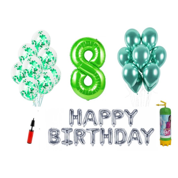 36 db-os DOMI PARTY & GIFTS lufi készlet, Boldog születésnapot 8 éves évfordulóra, fóliaszám 100 cm, zöld + Héliumos palack