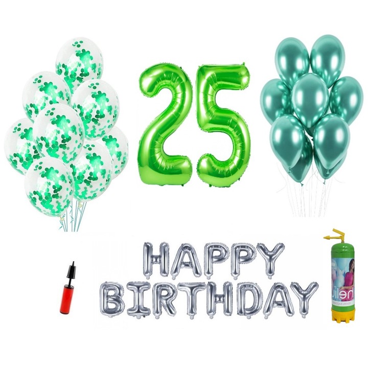 DOMI PARTY & GIFTS lufi készlet, 37 elemes, Boldog születésnapot 25 éves évfordulóra, fóliaszámok 101 cm, zöld + Hélium palack