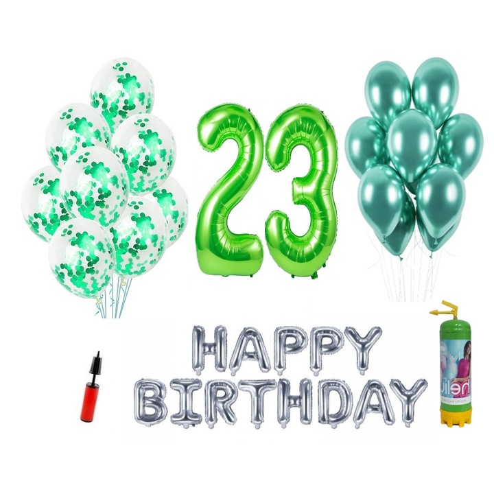 DOMI PARTY & GIFTS комплект балони, 37 елемента, Happy Birthday 23 години юбилей, фолио цифри 101 см, зелен + бутилка с хелий