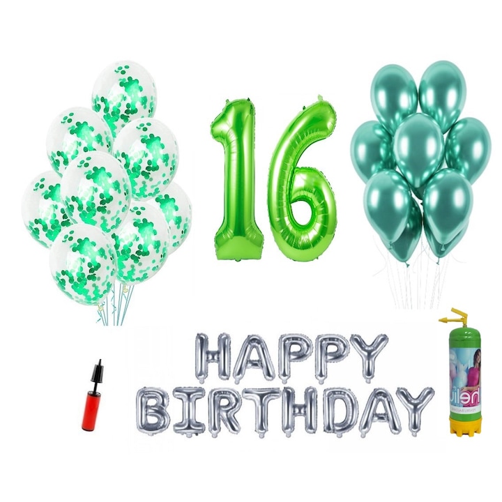 Комплект балони DOMI PARTY & GIFTS, 37 елемента, Happy Birthday 16 години, фолио цифри 101 см, зелен + бутилка с хелий