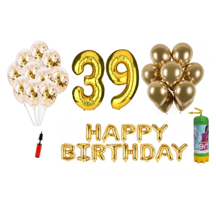 Комплект 37 балона DOMI PARTY & GIFTS, Happy Birthday 39 години юбилей, фолио цифри 100 см, злато + бутилка с хелий