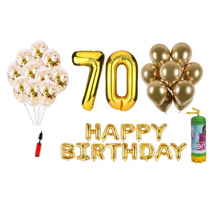 37 db DOMI PARTY & GIFTS lufi készlet, Boldog születésnapot 70 éves évfordulóra, fóliaszámok 100 cm, arany + hélium palack