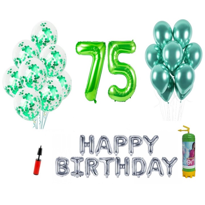 DOMI PARTY & GIFTS lufi szett, 37 elemes, Boldog születésnapot 75 éves évfordulóra, fóliaszámok 101 cm, zöld + Hélium palack