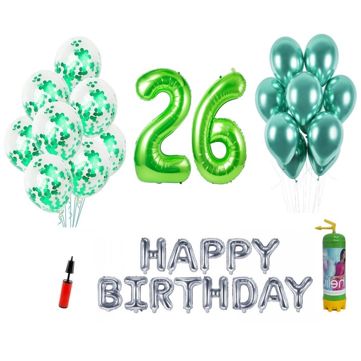 Set 37 baloane DOMI PARTY & GIFTS, Happy Birthday aniversare 26 ani, cifre folie 100 cm, verde + Butelie de heliu