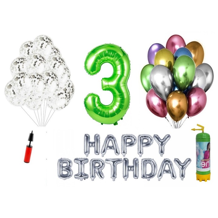 DOMI PARTY & GIFTS lufi szett, 36 elemes, Boldog születésnapot 3 éves évfordulóra, fóliaszám 1,01 m, zöld + Hélium palack