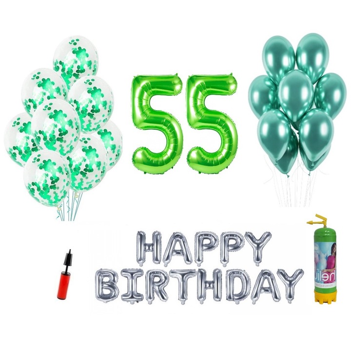 DOMI PARTY & GIFTS lufi készlet, 37 elemes, Boldog születésnapot 55 éves évfordulóra, fóliaszámok 101 cm, zöld + Hélium palack