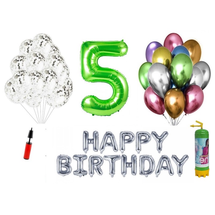 DOMI PARTY & GIFTS lufi szett, 36 elemes, Boldog születésnapot 5 éves évfordulóra, fóliafigura 1,01 m, zöld + Héliumos palack