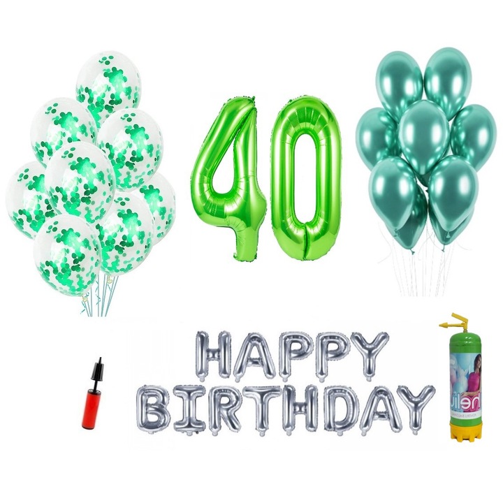 Комплект 37 бр. балони DOMI PARTY & GIFTS, Happy Birthday 40th юбилей, фолио цифри 100 см, зелено + бутилка с хелий