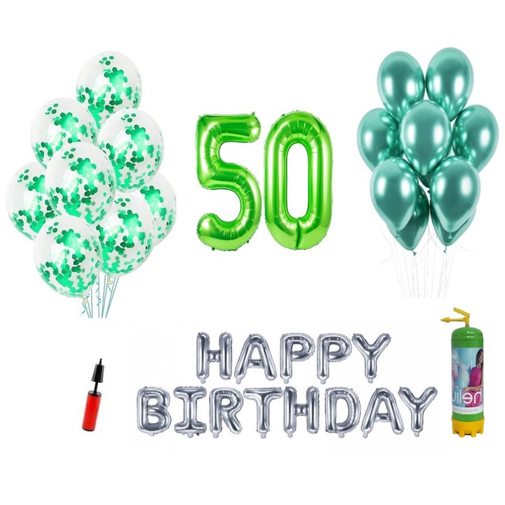 DOMI PARTY & GIFTS lufi szett, 37 elemes, Boldog születésnapot 50. évfordulóra, fóliaszámok 101 cm, zöld + Hélium palack