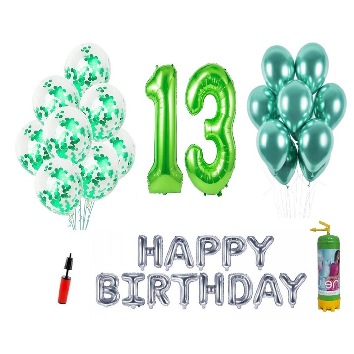 Комплект 37 балона DOMI PARTY & GIFTS, Happy Birthday 13 години юбилей, фолио цифри 100 см, зелен + бутилка с хелий