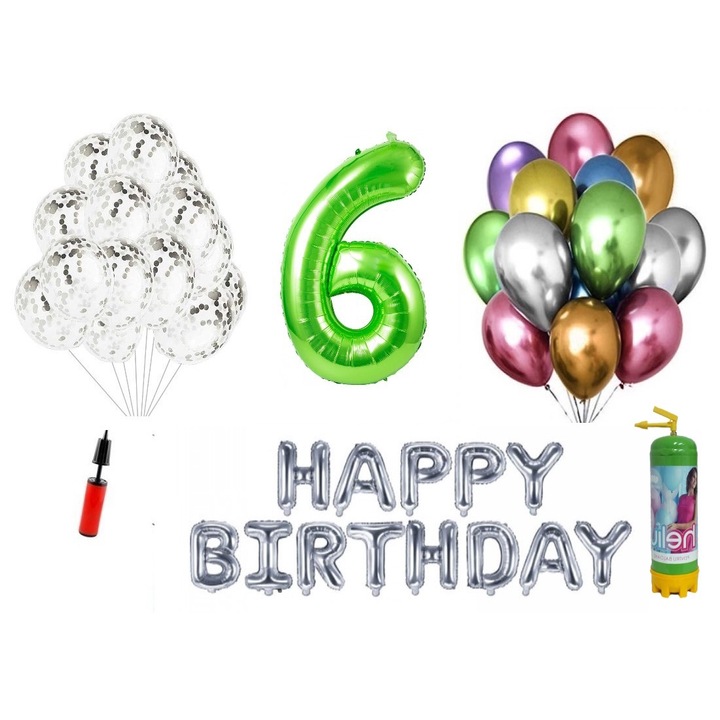 DOMI PARTY & GIFTS lufi szett, 36 elemes, Boldog születésnapot 6 éves évfordulóra, fóliaszám 1,01 m, zöld + Hélium palack