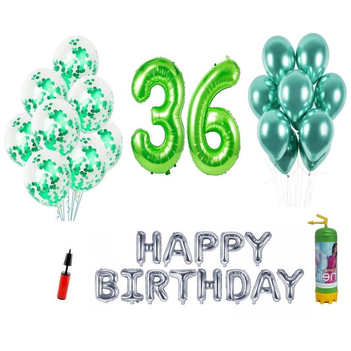 DOMI PARTY & GIFTS lufi szett, 37 elemes, Boldog születésnapot 36 éves évfordulóra, fóliaszámok 101 cm, zöld + Hélium palack