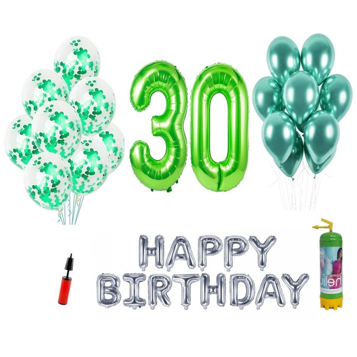 37 db DOMI PARTY & GIFTS lufi készlet, Boldog születésnapot 30 éves évfordulóra, fóliaszámok 100 cm, zöld + hélium palack
