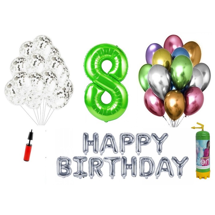 DOMI PARTY & GIFTS lufi szett, 36 elemes, Boldog születésnapot 8 éves évfordulóra, fóliaszám 1,01 m, zöld + Héliumos palack