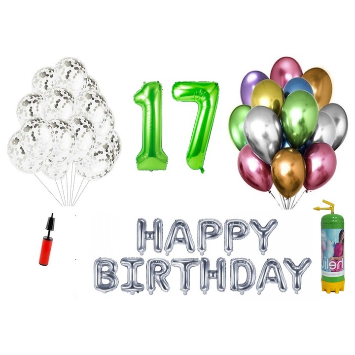 37 db DOMI PARTY & GIFTS lufi készlet, Boldog születésnapot 17 éves évfordulóra, fóliaszámok 1 m, zöld + hélium palack