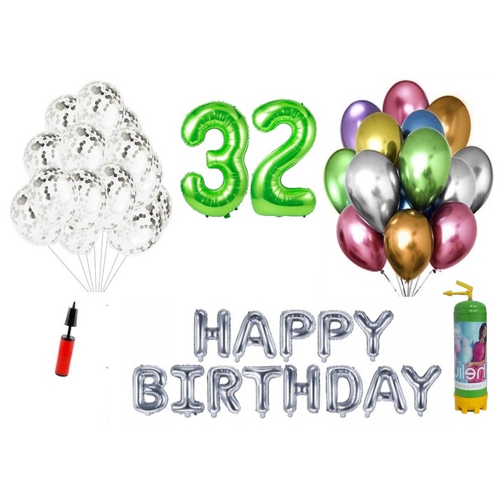 DOMI PARTY & GIFTS lufi készlet, 37 elemes, Boldog születésnapot 32 éves évfordulóra, fóliaszámok 1,01 m, zöld + Hélium palack