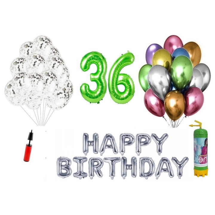 Комплект балони DOMI PARTY & GIFTS, 37 елемента, Happy Birthday 36 години юбилей, фолио цифри 1.01 м, зелен + бутилка с хелий